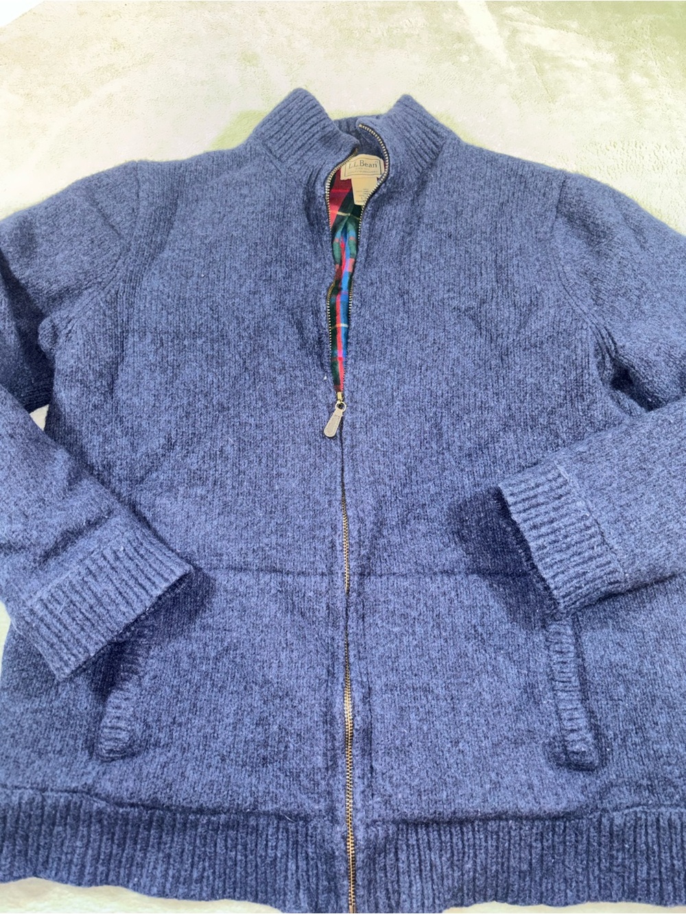 LL Bean Classic Ragg Lamb'sWool Full Zip Sweater Jacket Flannel Plaid Lined Blue
